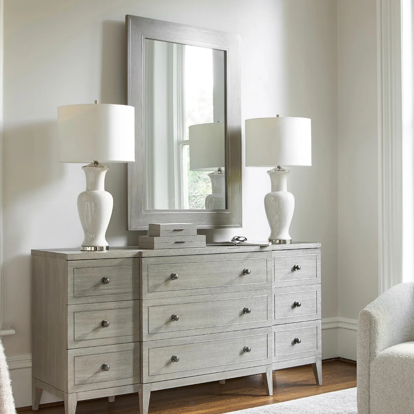 Bernhardt Cornelia Collection Mirror ~ Brushed Stainless Steel and Nebbia Wood Finish