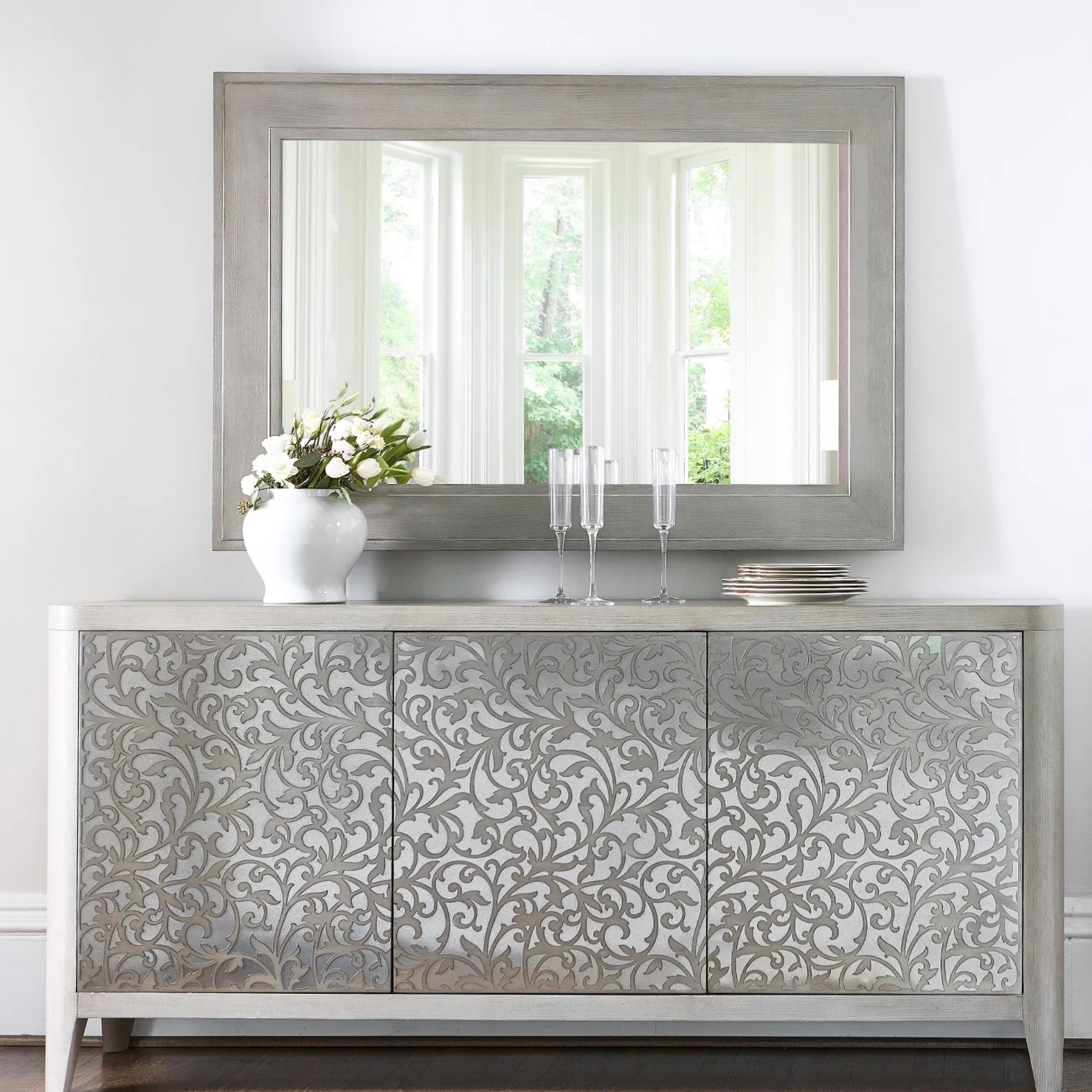 Bernhardt Cornelia Collection Mirror ~ Brushed Stainless Steel and Nebbia Wood Finish - Image 2