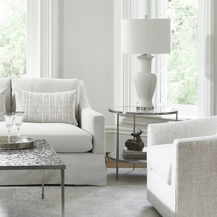 Bernhardt Cornelia Collection Round Side Table ~ Brushed Stainless Steel and Nebbia Wood Finish - Image 8