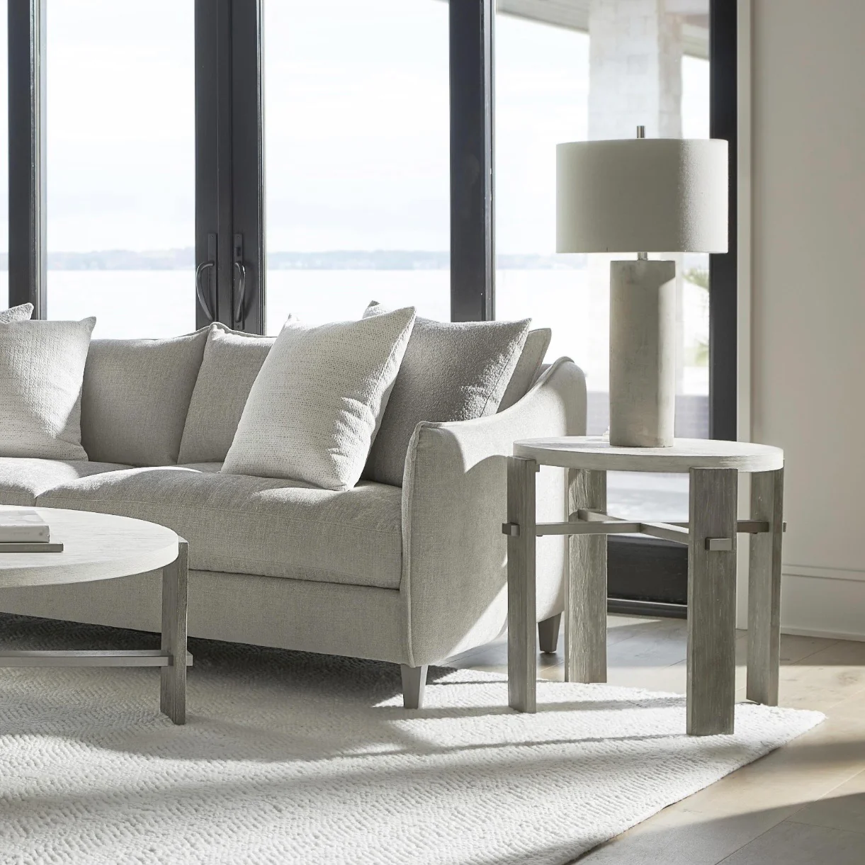 Bernhardt Foundations Collection Round Side Table ~ Linen And Light Shale Finish
