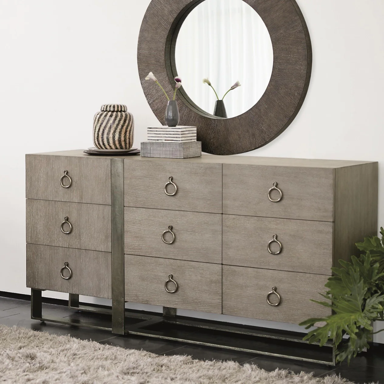 Bernhardt Linea Collection Nine Drawer Rustic Modern Dresser ~ Cerused Greige Finish - Image 2