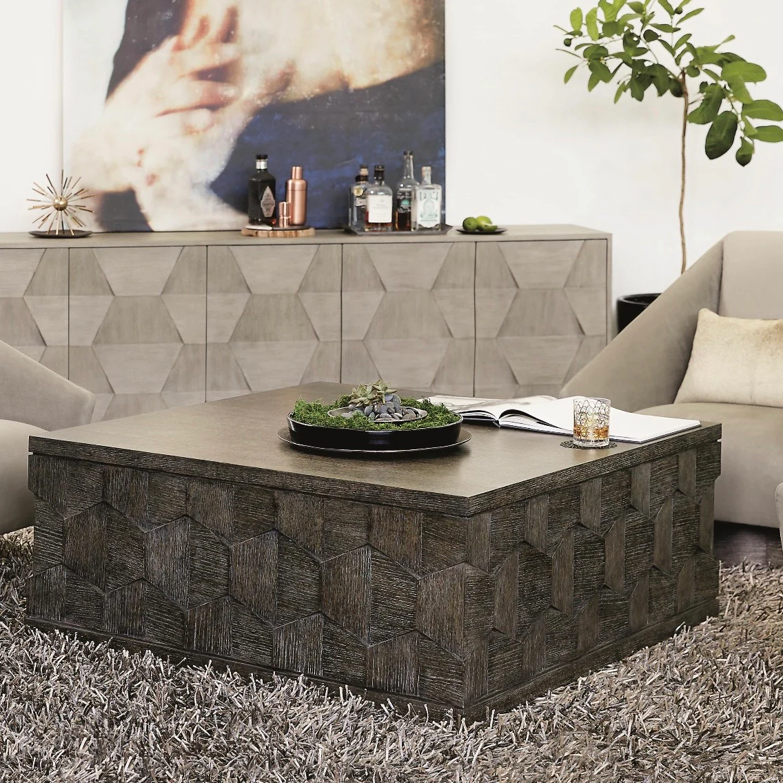 Bernhardt Linea Collection Square Cocktail Table ~ Cerused Charcoal Finish