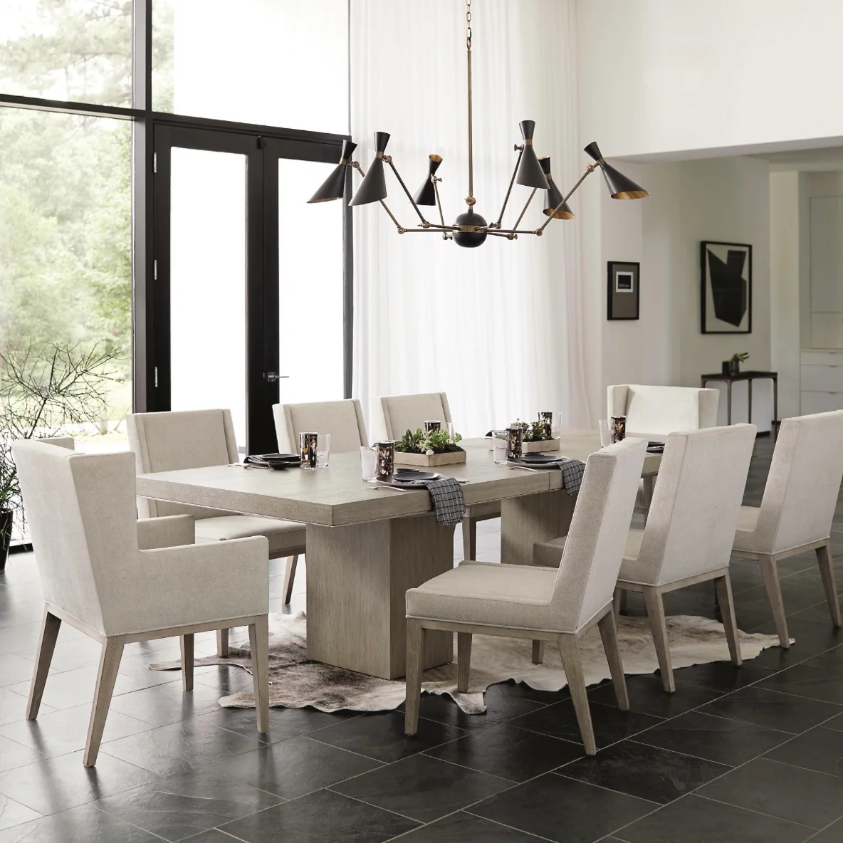 Bernhardt Linea Collection Upholstered Dining Armchair ~ Cerused Greige Finish