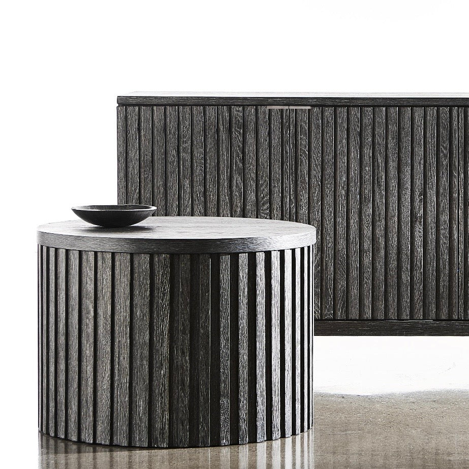 Bernhardt Loft Menton Collection Modern Drum Shaped Round Side Table ~ Sutton Finish
