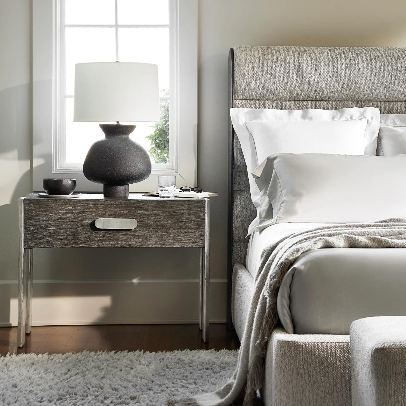 Bernhardt Prado Collection Single Drawer Nightstand With Cast Aluminum Legs ~ Porcini Finish