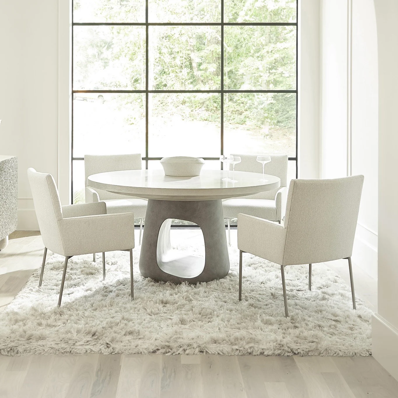 Bernhardt Sereno Collection Upholstered Dining Armchair with Stainless Steel Legs in Nickel Finish