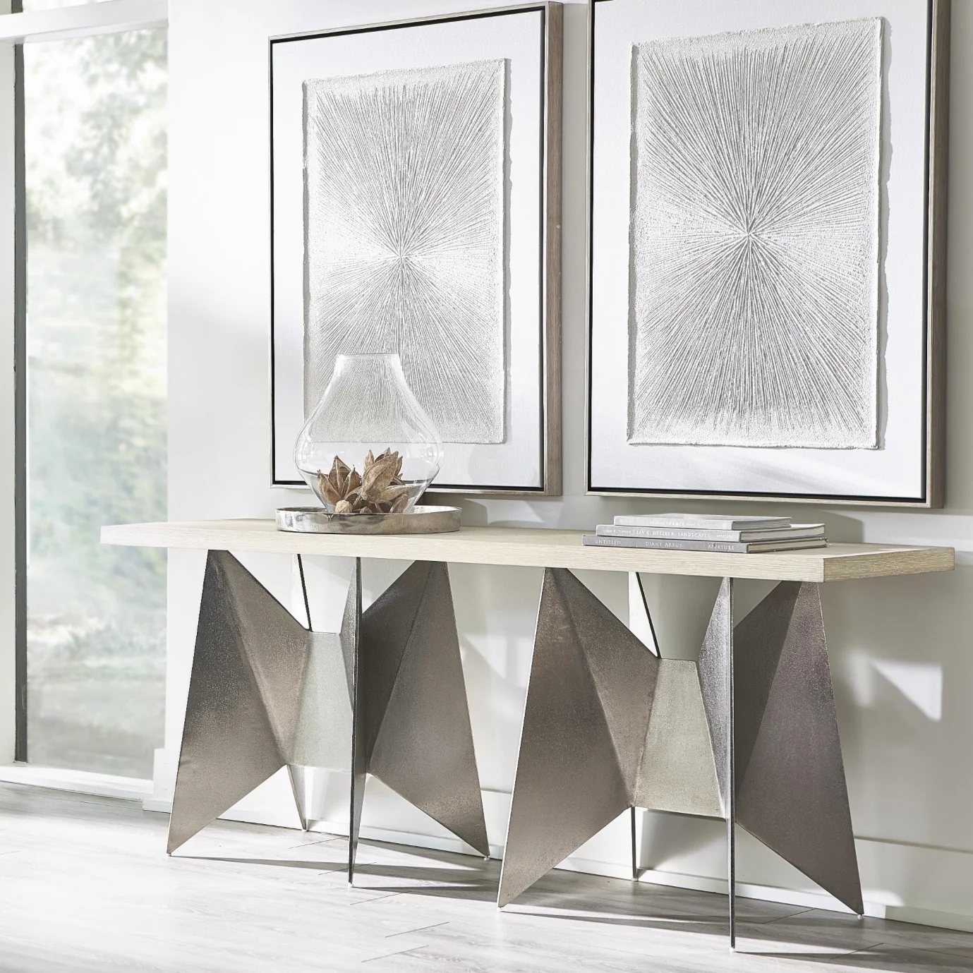 Bernhardt Solaria Collection Geometric Console Table ~ Dune Finish With Shiny Nickel Finish Base