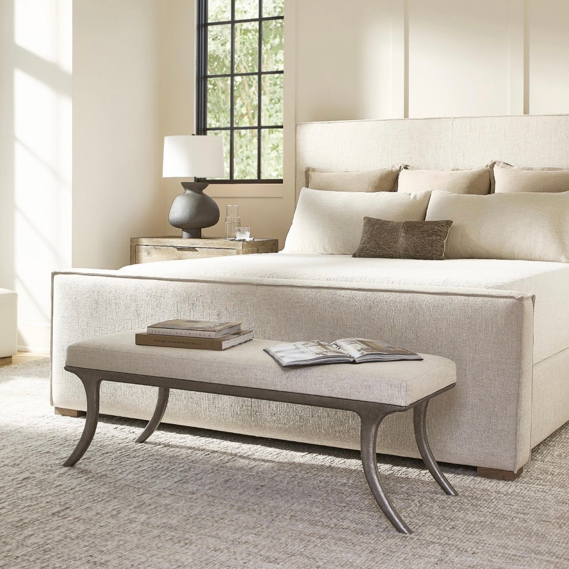 Bernhardt Tribeca Collection Upholstered Bench with Textured Steel Base