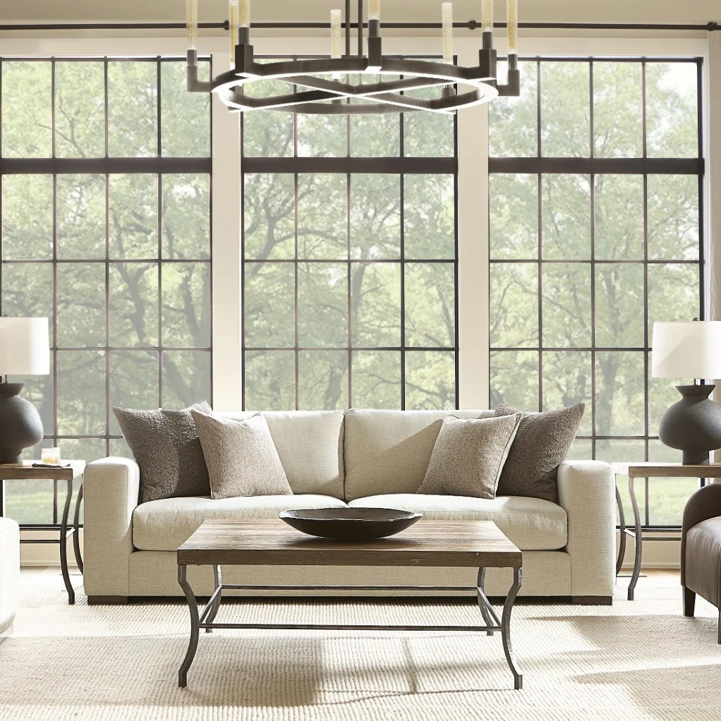 Bernhardt Tribeca Collection Square Cocktail Table ~ Aurum Finish with Textured Steel Base