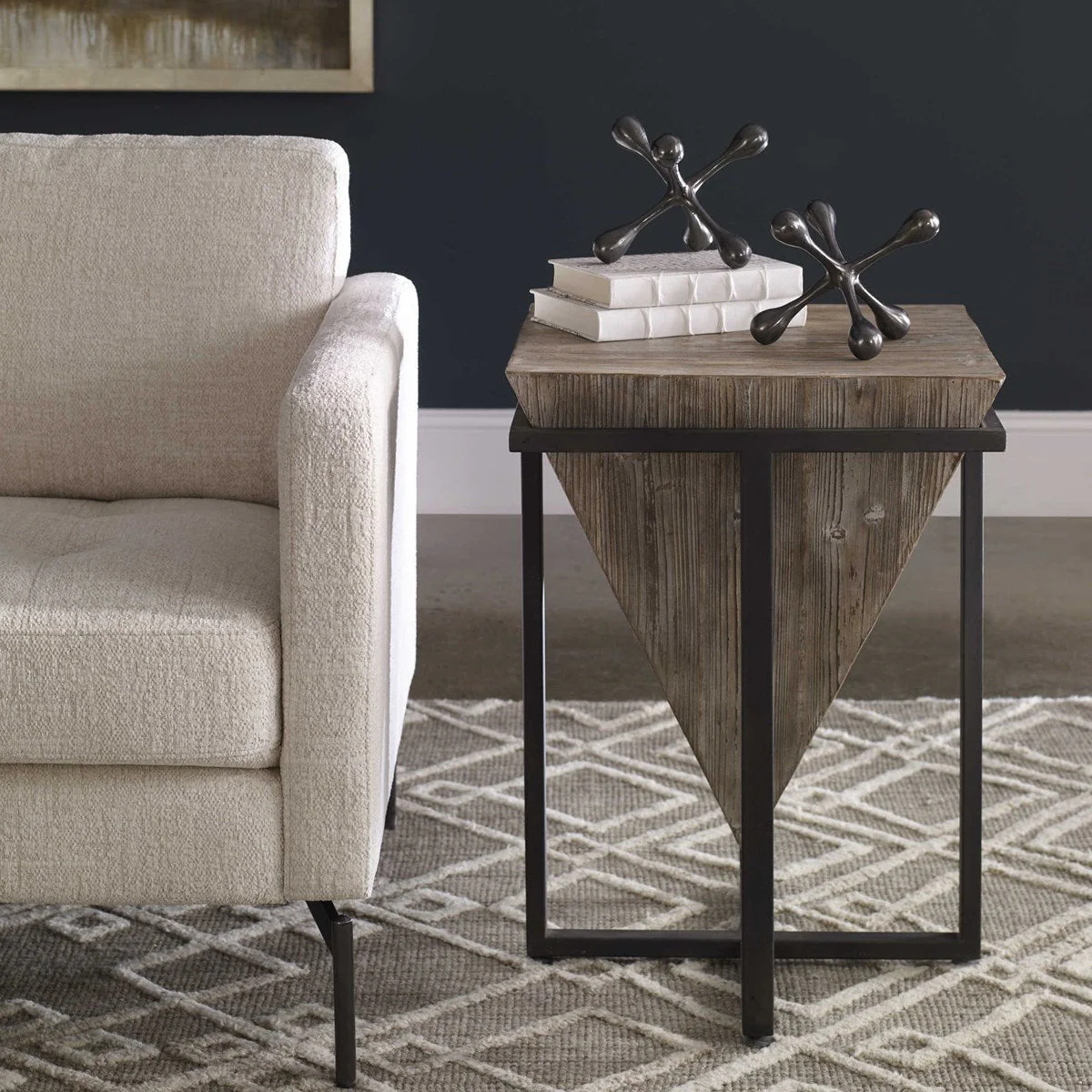 Uttermost Bertrand Gray Wash Aged Fir Wood With Aged Black Iron Base Accent Table