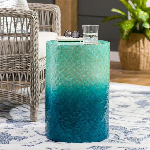 Surya Blue Ocean Modern Shell and Wood Round Accent Side Table BUO-002