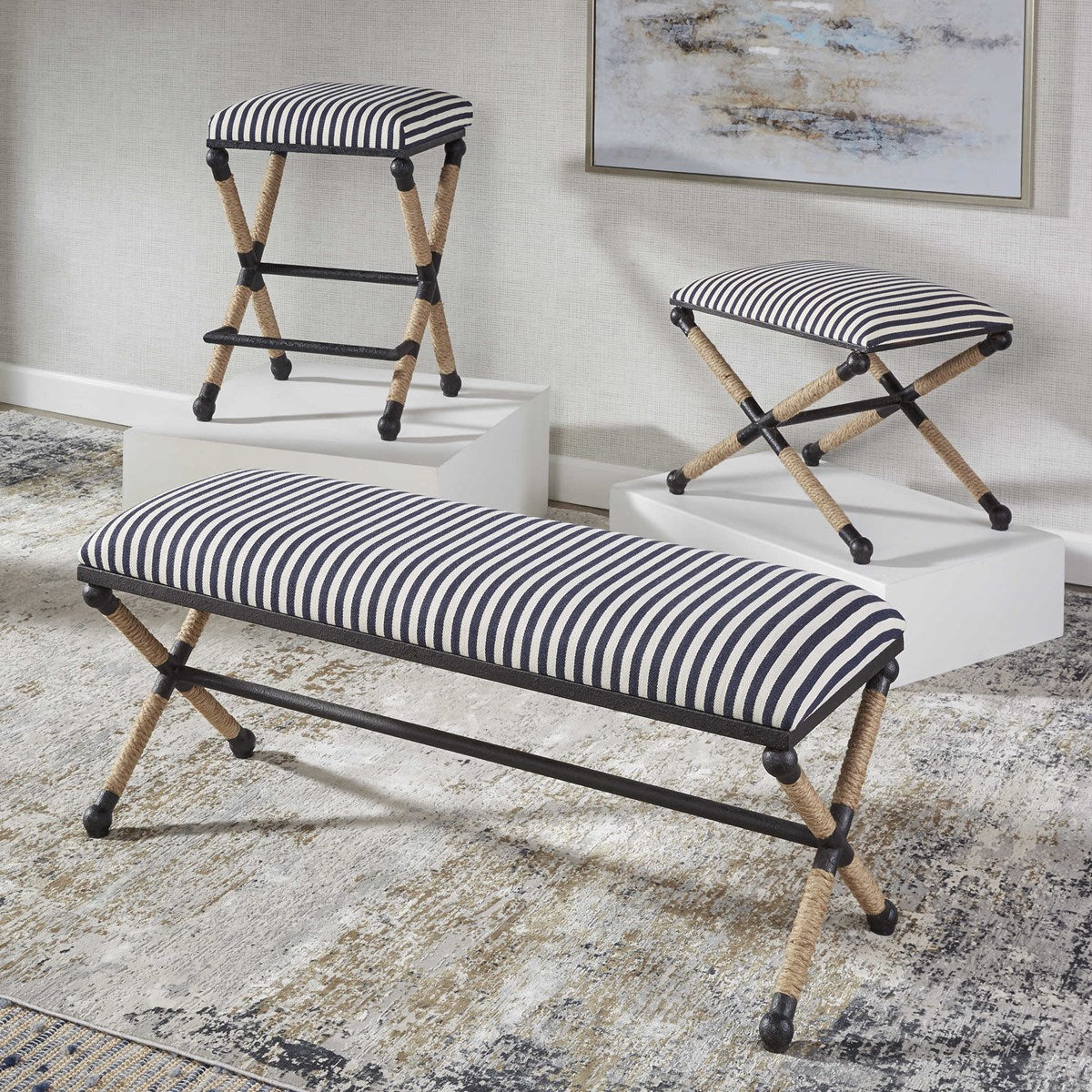 Uttermost Braddock Navy & Cream Stripe Cushion With Rustic Iron Modern Coastal Bench - Image 5
