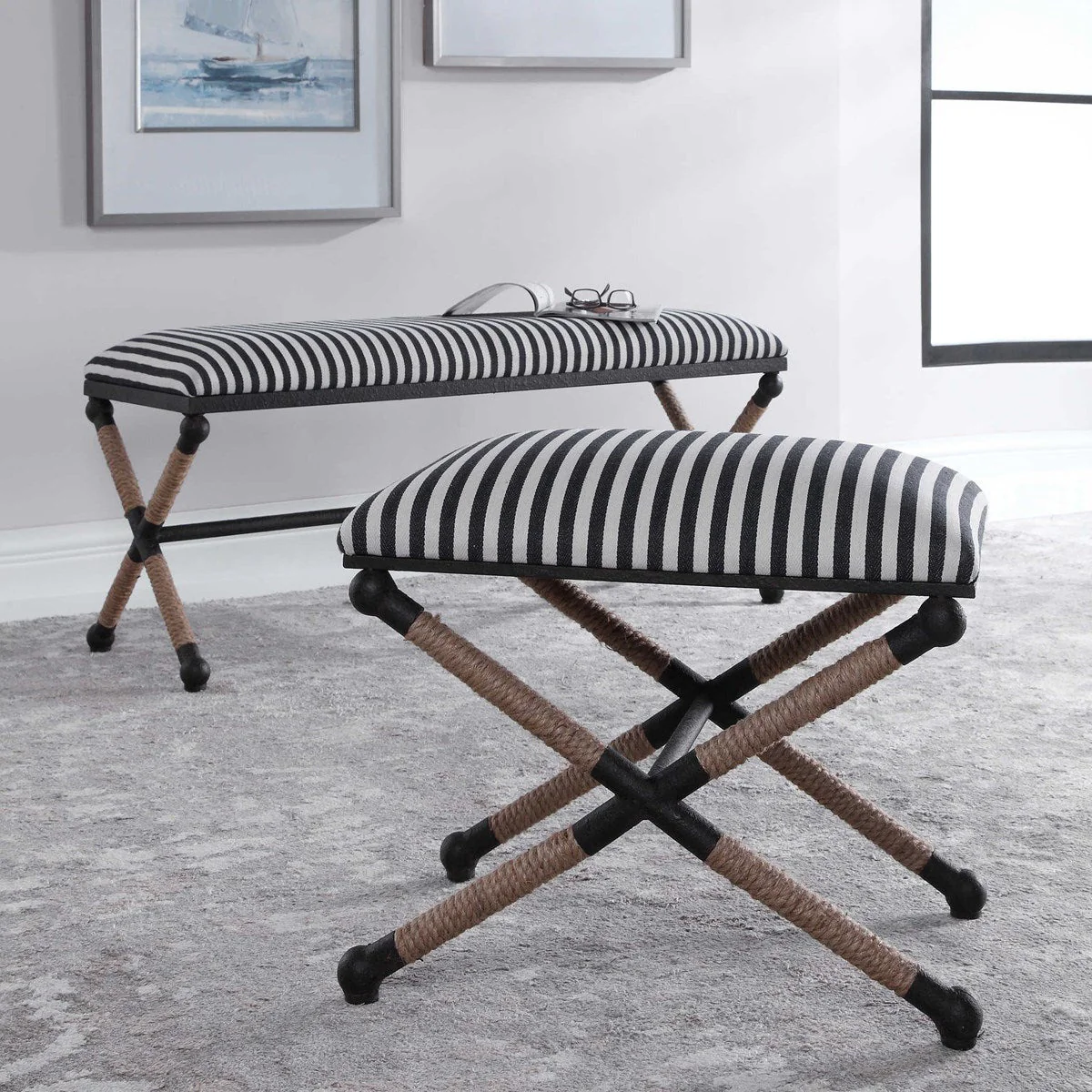 Uttermost Braddock Navy & Cream Stripe Cushion With Rustic Iron Modern Coastal Bench - Image 7