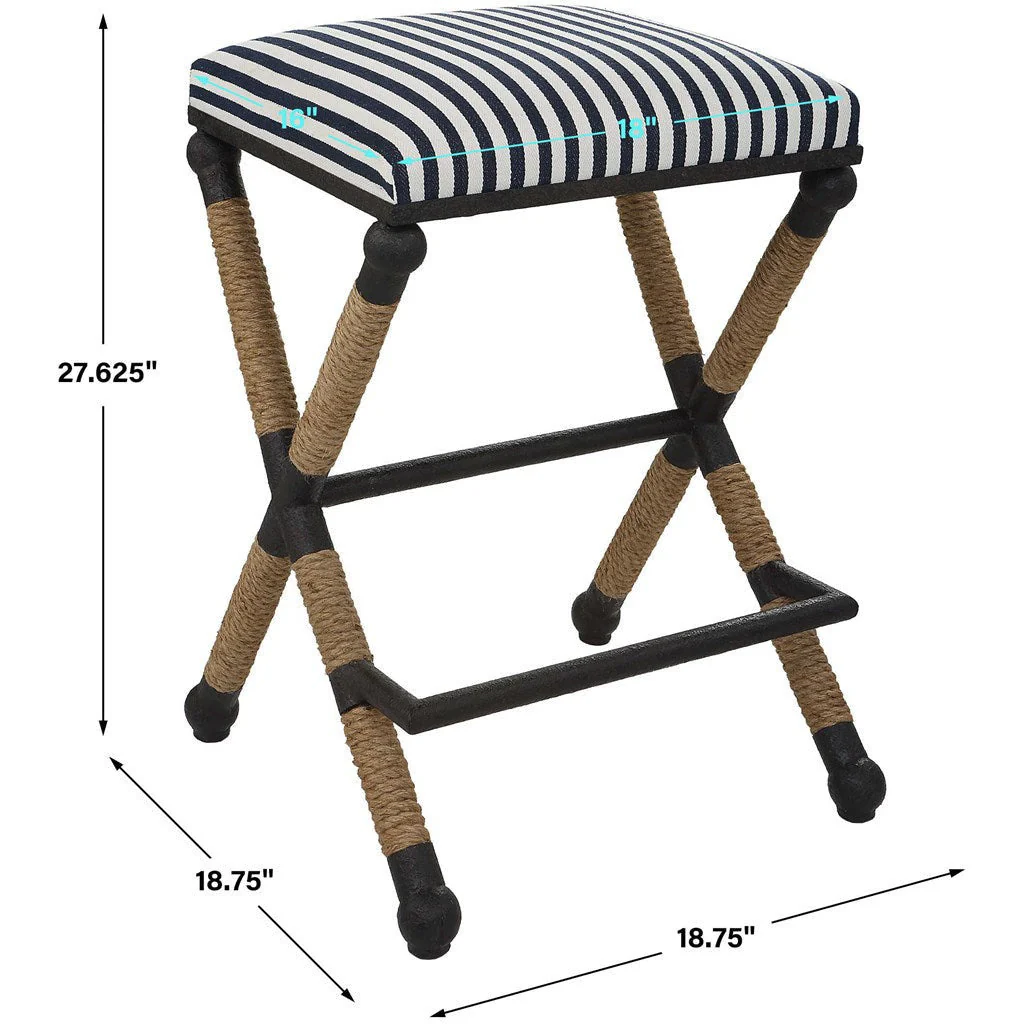 Uttermost Braddock Navy & Cream Stripe Performance Fabric Rope Wrapped Rustic Iron Modern Coastal Counter Stools - Image 9