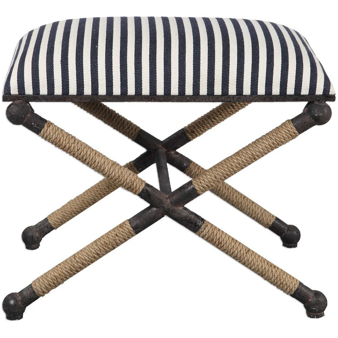 Uttermost Braddock Navy & Cream Stripe Cushion Top Rope Wrapped Rustic Iron Modern Coastal Small Bench