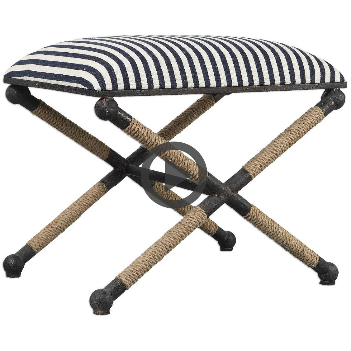 Uttermost Braddock Navy & Cream Stripe Cushion Top Rope Wrapped Rustic Iron Modern Coastal Small Bench - Image 10