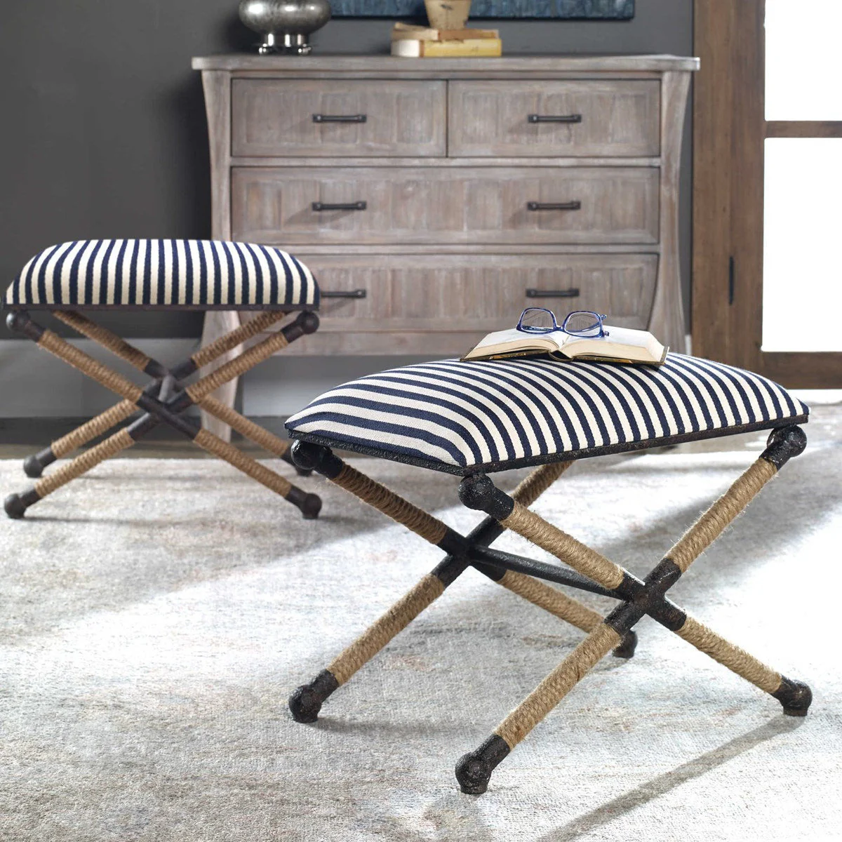 Uttermost Braddock Navy & Cream Stripe Cushion Top Rope Wrapped Rustic Iron Modern Coastal Small Bench - Image 2