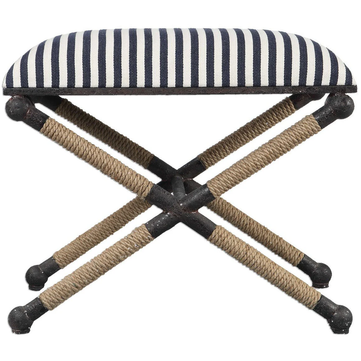 Uttermost Braddock Navy & Cream Stripe Cushion Top Rope Wrapped Rustic Iron Modern Coastal Small Bench - Image 3