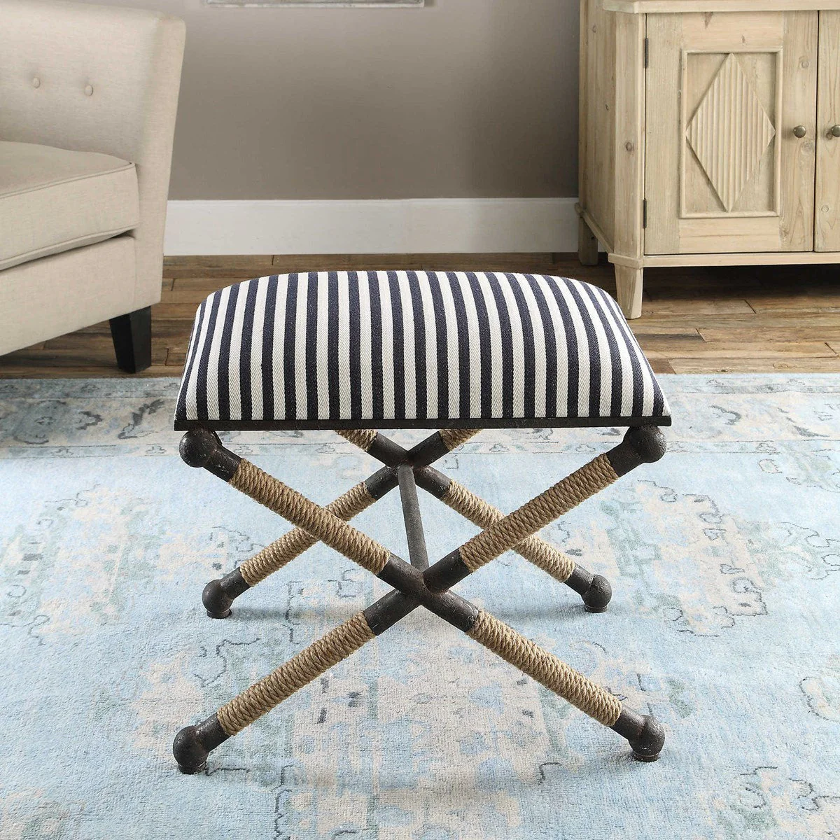 Uttermost Braddock Navy & Cream Stripe Cushion Top Rope Wrapped Rustic Iron Modern Coastal Small Bench - Image 4