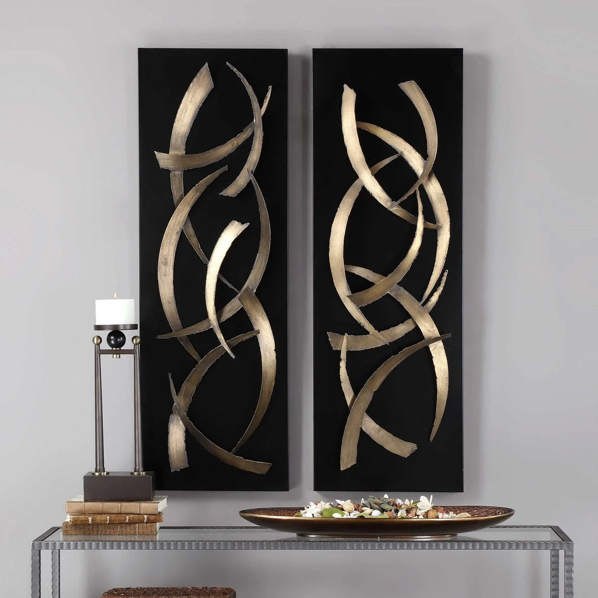 Uttermost Brushstrokes Brushed Gold and Matte Black Set of 2 Metal Wall Panels - Image 2