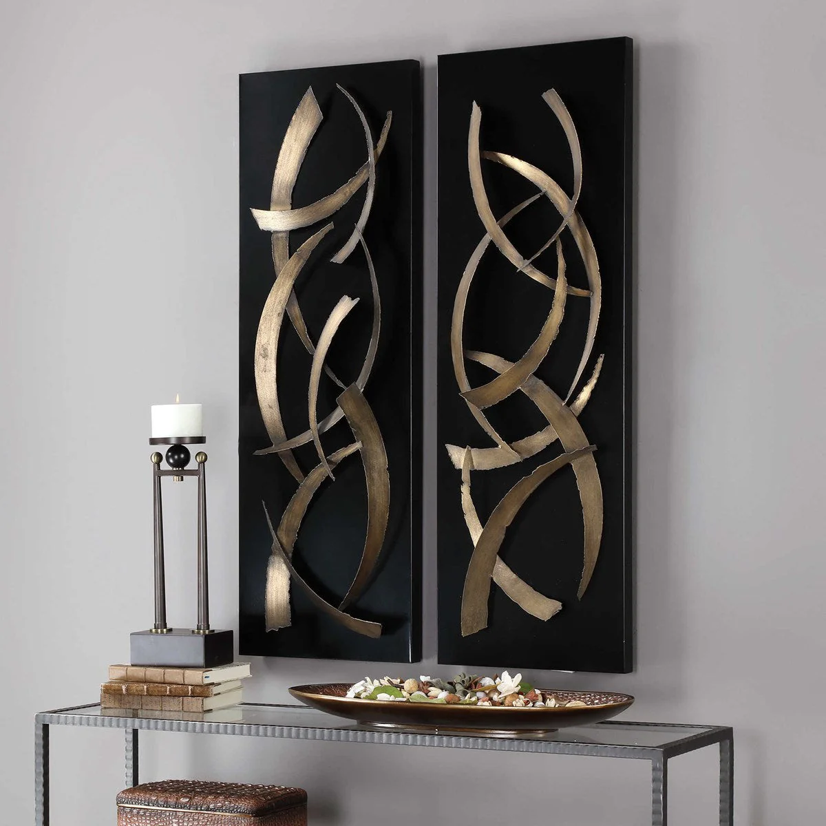 Uttermost Brushstrokes Brushed Gold and Matte Black Set of 2 Metal Wall Panels - Image 3