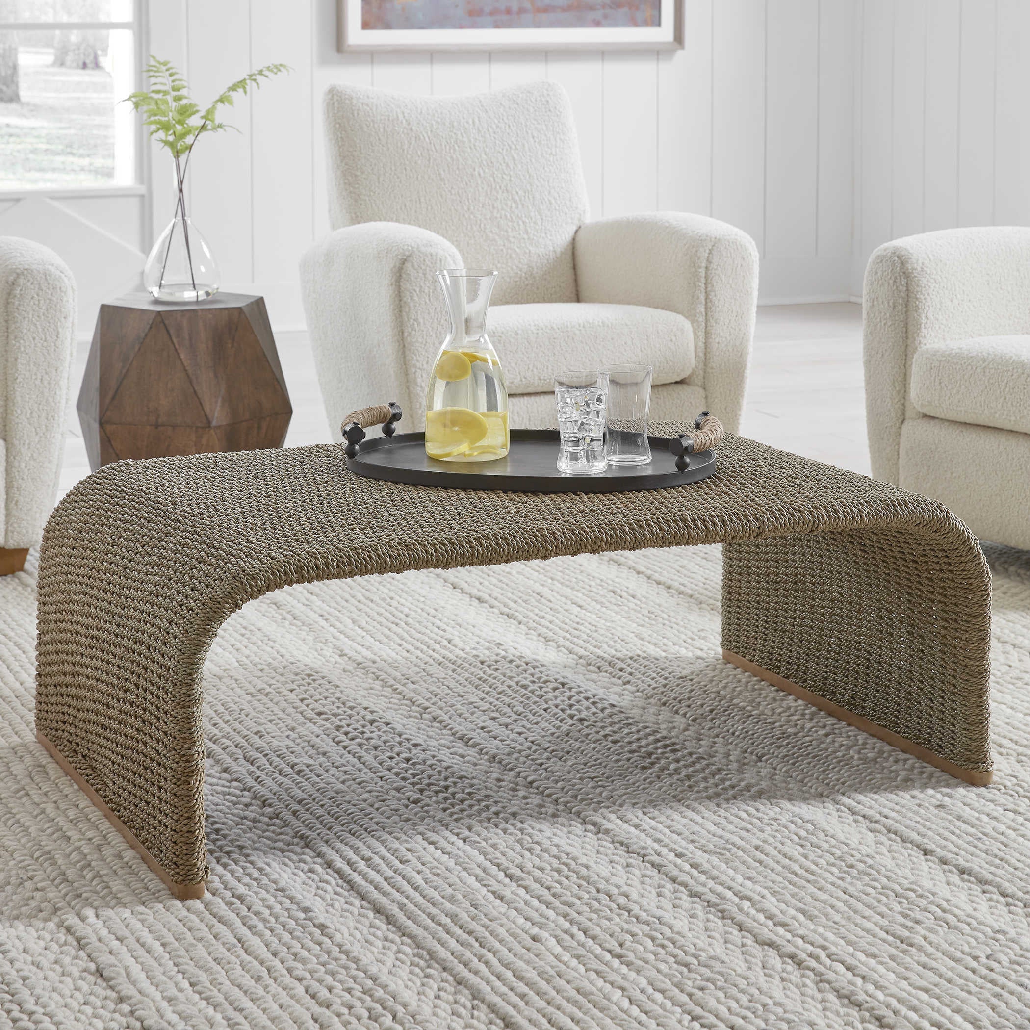 Uttermost Calabria Woven Seagrass With Mango Wood Plinth Base Coffee Table - Image 3