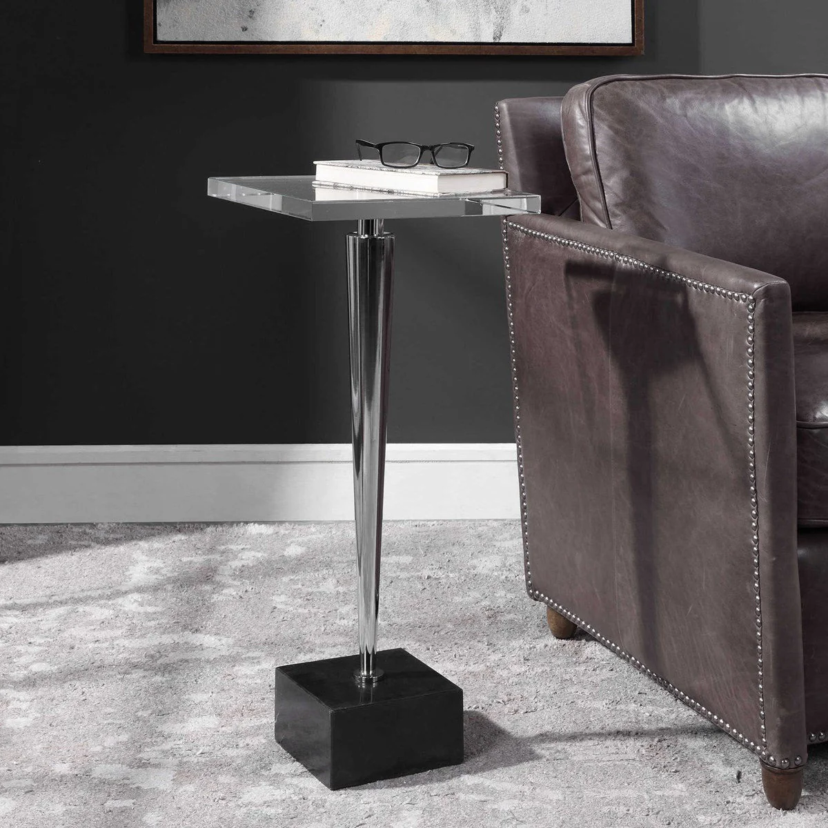 Uttermost Campeiro Crystal Top With Polished Nickel and Black Marble Modern Accent Drink Table