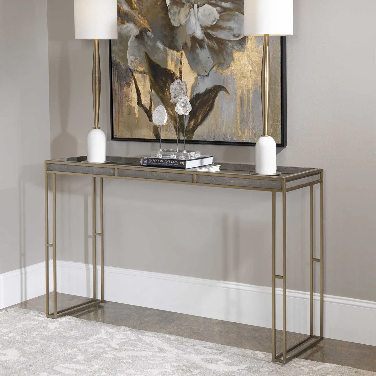 Uttermost Cardew Charcoal Gray Faux Shagreen With Brushed Brass Base Modern Console Table - Image 3