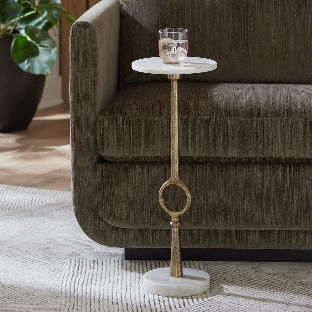 Casa Bella Living Antique Brass Base With Agaria White Marble Top Accent Table