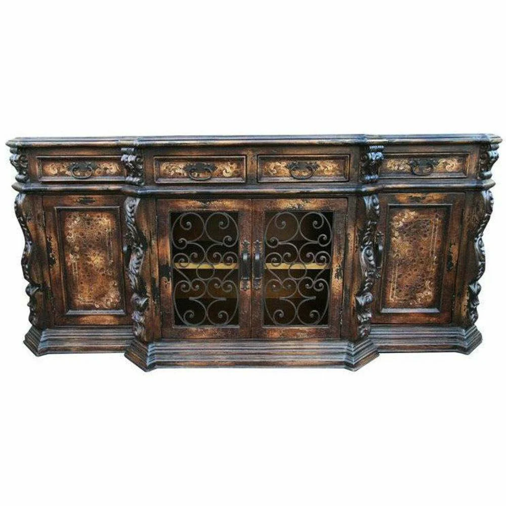 Casa Bonita Peruvian Hand-Painted Carved Wood and Hand Forged Iron San Antonio Large Buffet
