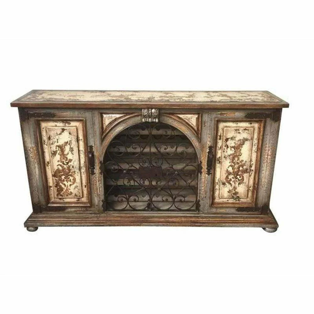 Casa Bonita Peruvian Hand-Painted Carved Wood and Hand Forged Iron Santa Cruz Wine Buffet