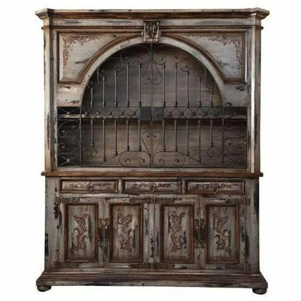 Casa Bonita Peruvian Hand-Painted Carved Wood and Hand Forged Iron Cleo Hutch