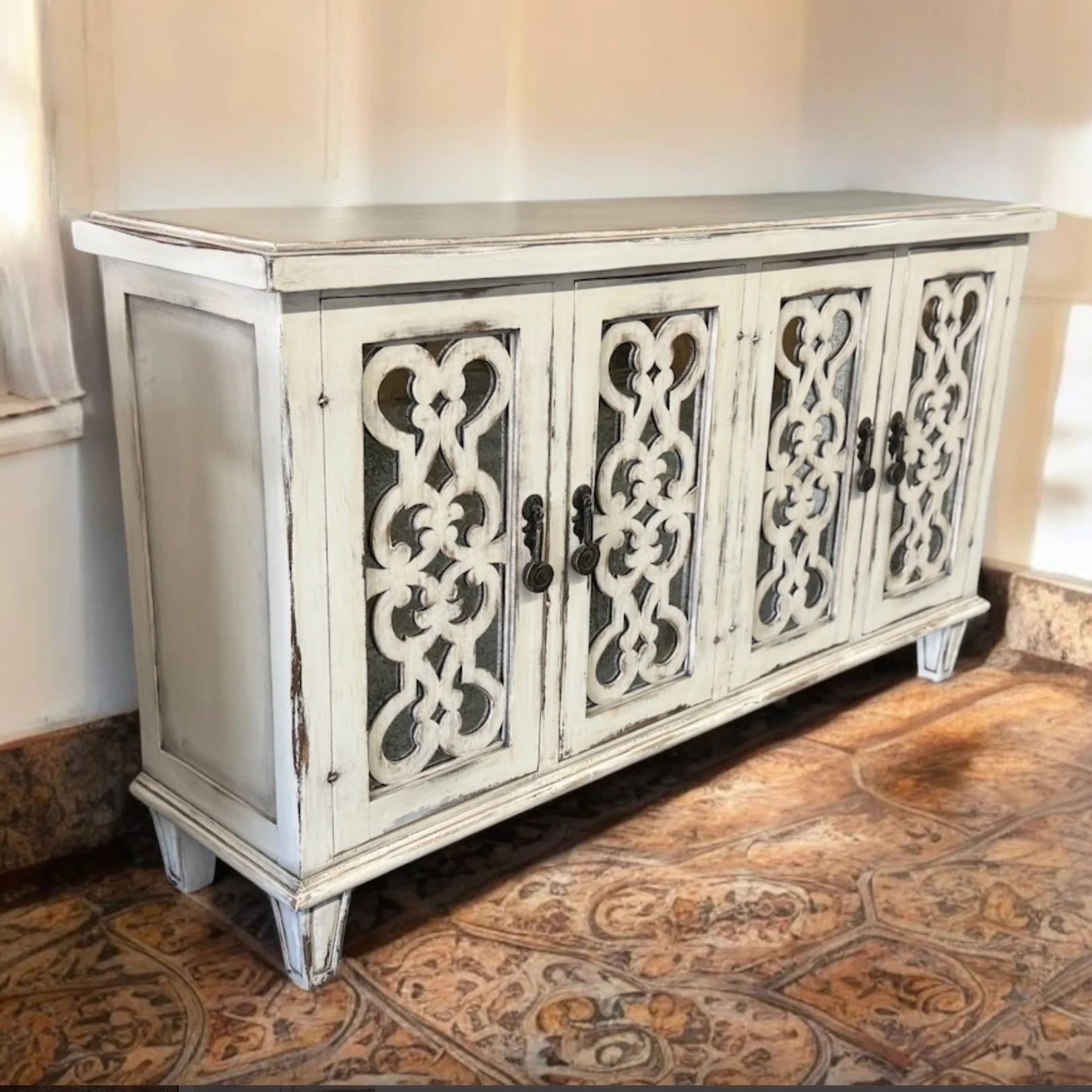 Casa Bonita Peruvian Hand-Painted Carved Wood and Antiqued Mirror Miraflores Buffet - Image 3