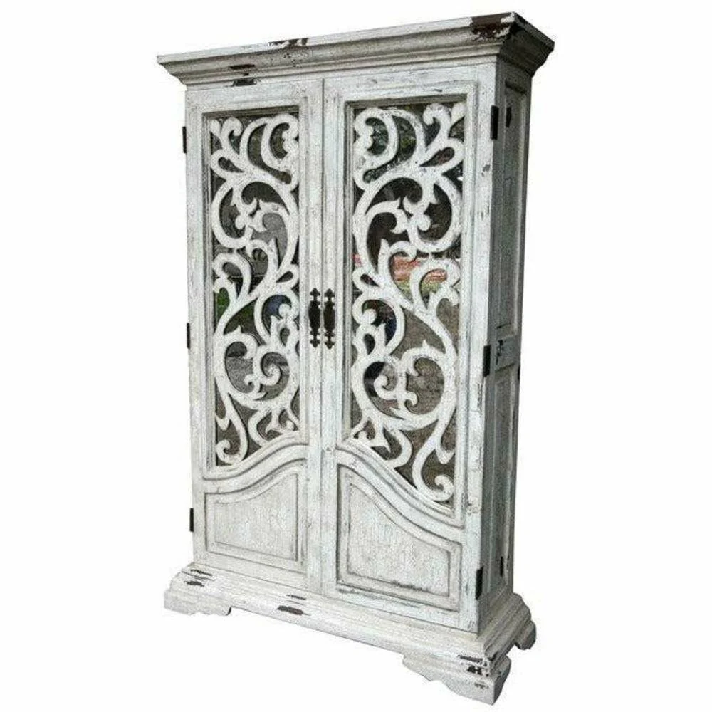 Casa Bonita Peruvian Hand-Painted Carved Wood and Antiqued Mirror Raquel Armoire