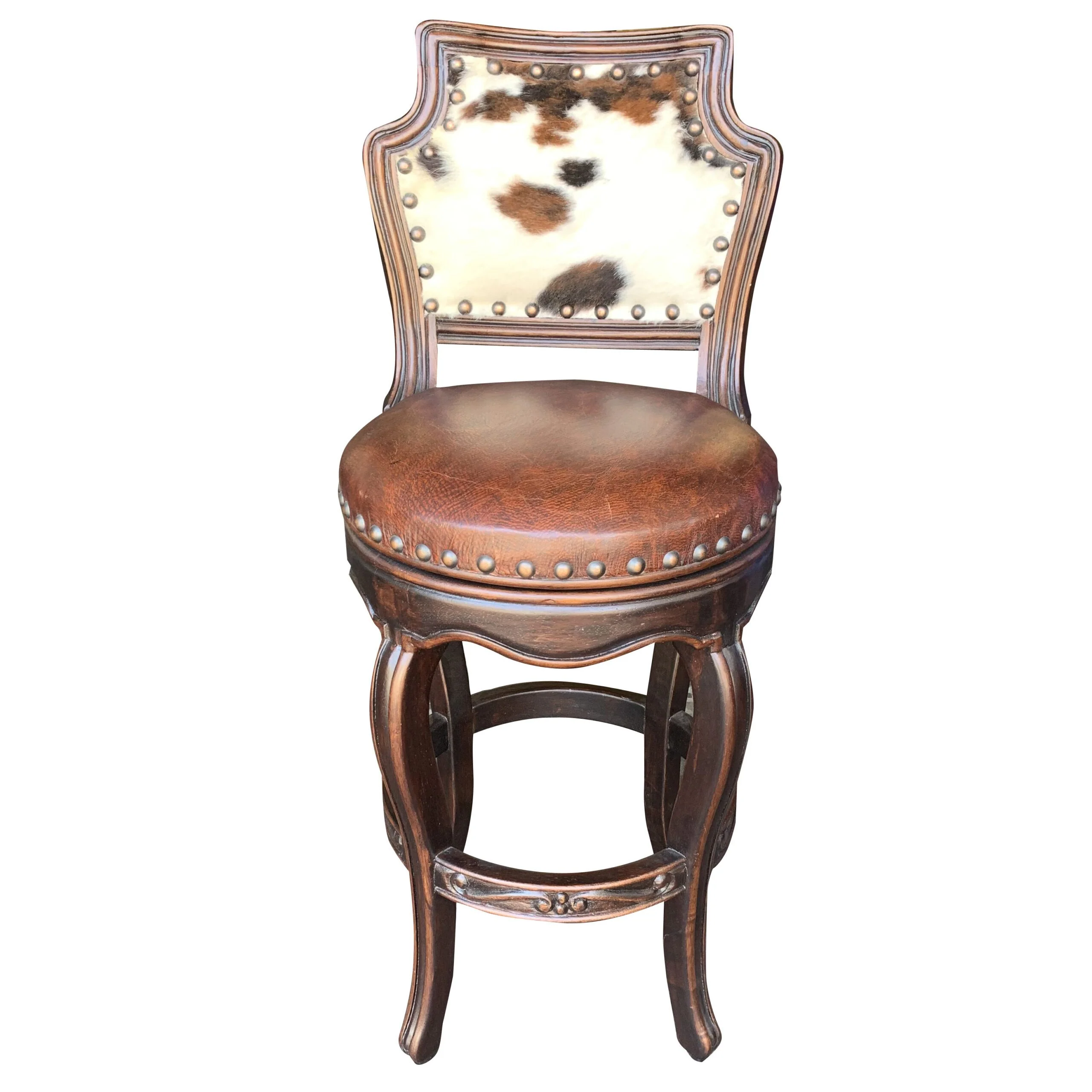 Casa Bonita Peruvian Hand-Painted Carved Wood Cowhide & Leather Rodeo Swivel Counter Stool