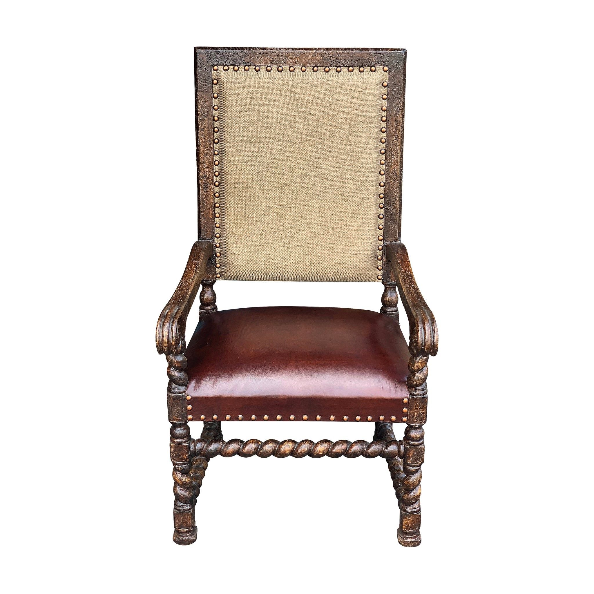 Casa Bonita Peruvian Hand-Painted Carved Wood Fabric and Leather Salamanca Arm Chair