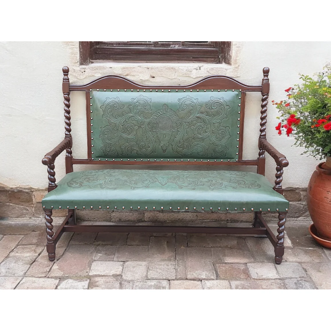 Casa Bonita Peruvian Hand-Carved Wood and Hand Tooled Leather Sienna Bench