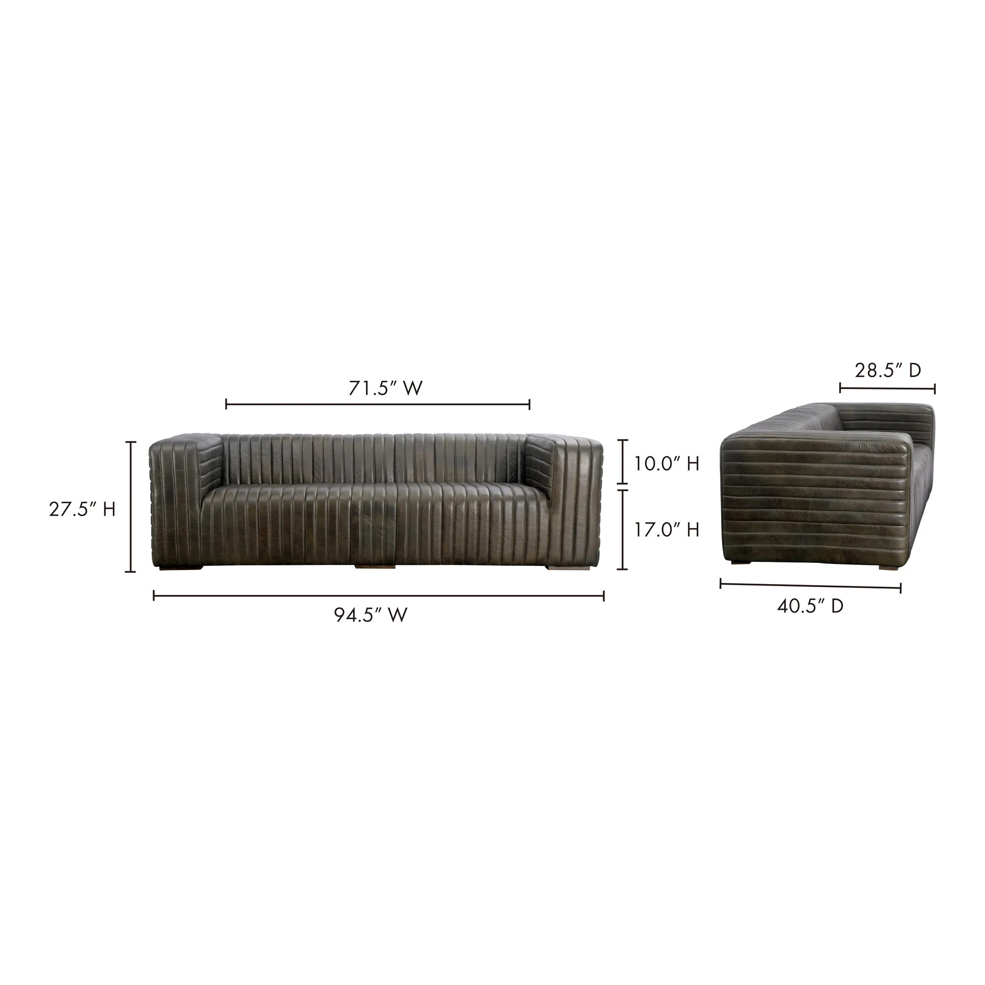 Moe's Home Collection Castle Channel Stiched Green Leather Sofa - Image 10