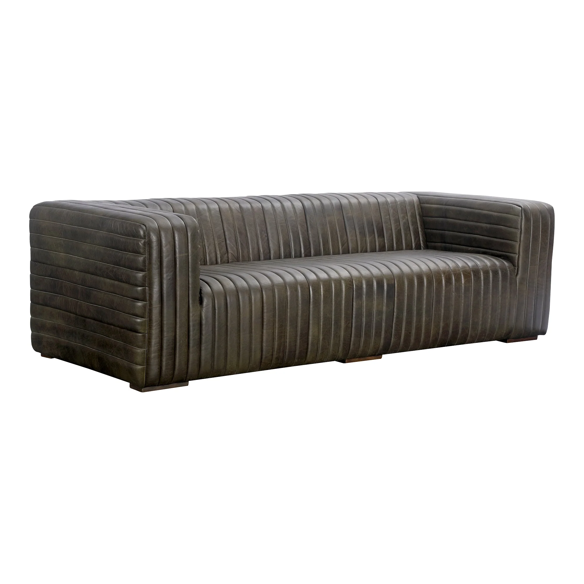 Moe's Home Collection Castle Channel Stiched Green Leather Sofa - Image 3