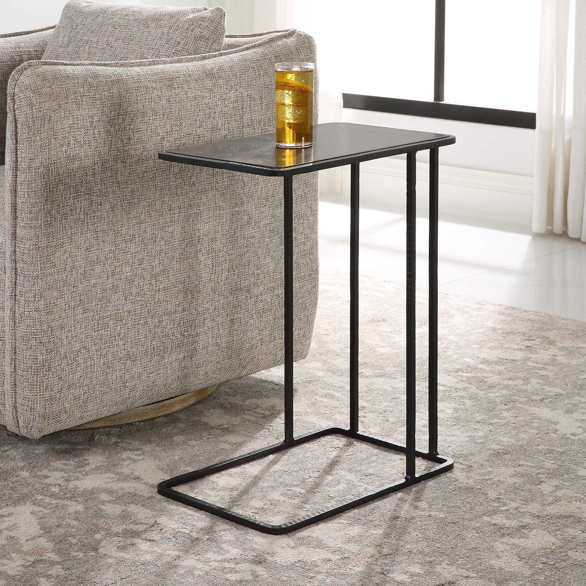 Uttermost Cavern Polished Bluestone Top With Black Iron Base Accent Table