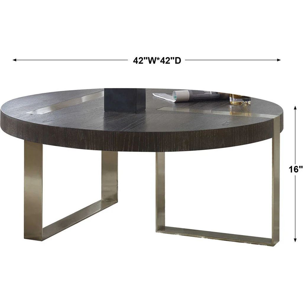Uttermost Ebony Oak Top With Brushed Pewter Linear Steel Modern Coffee Table - Image 6