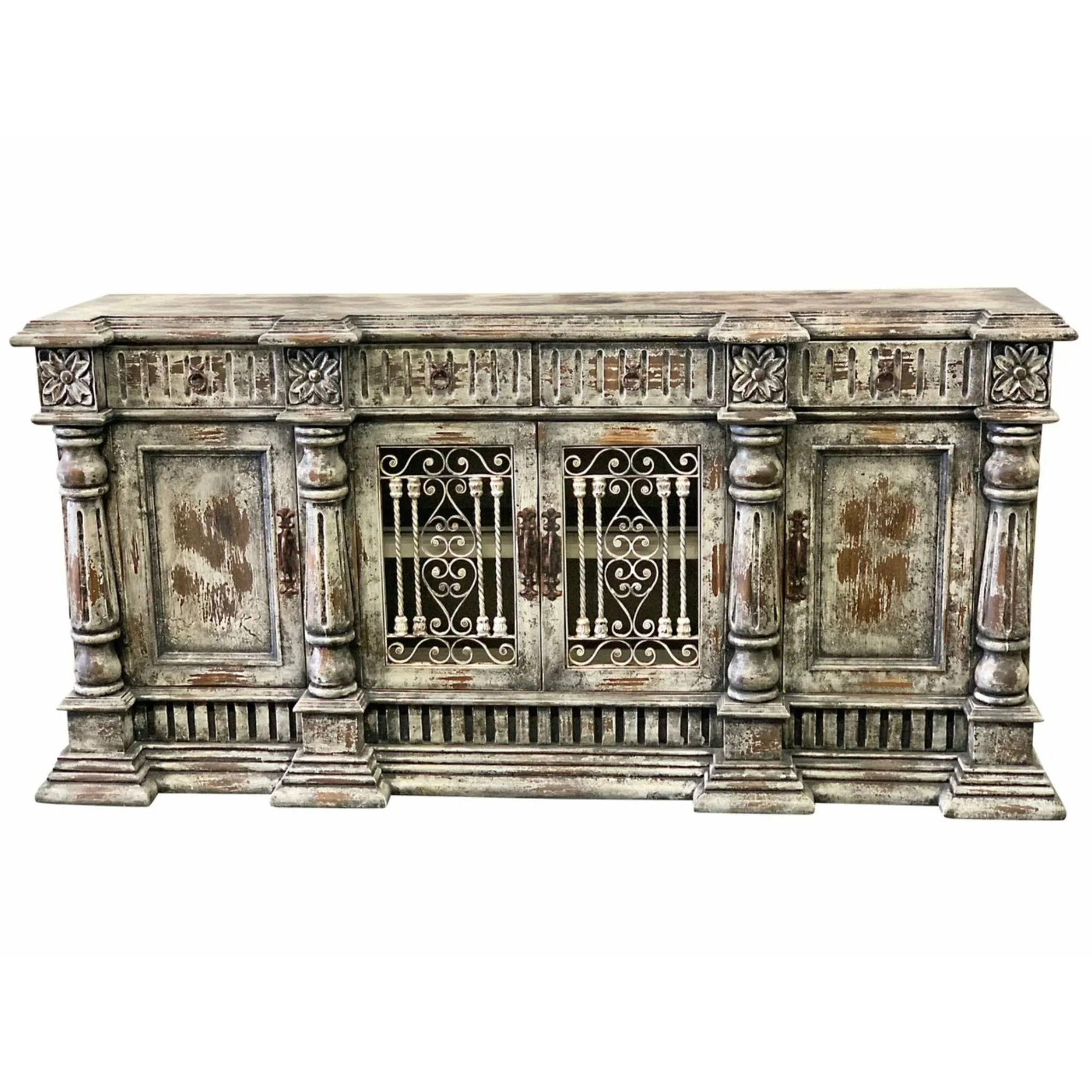 Casa Bonita Peruvian Hand-Painted Carved Wood and Hand Forged Iron Santa Maria Buffet