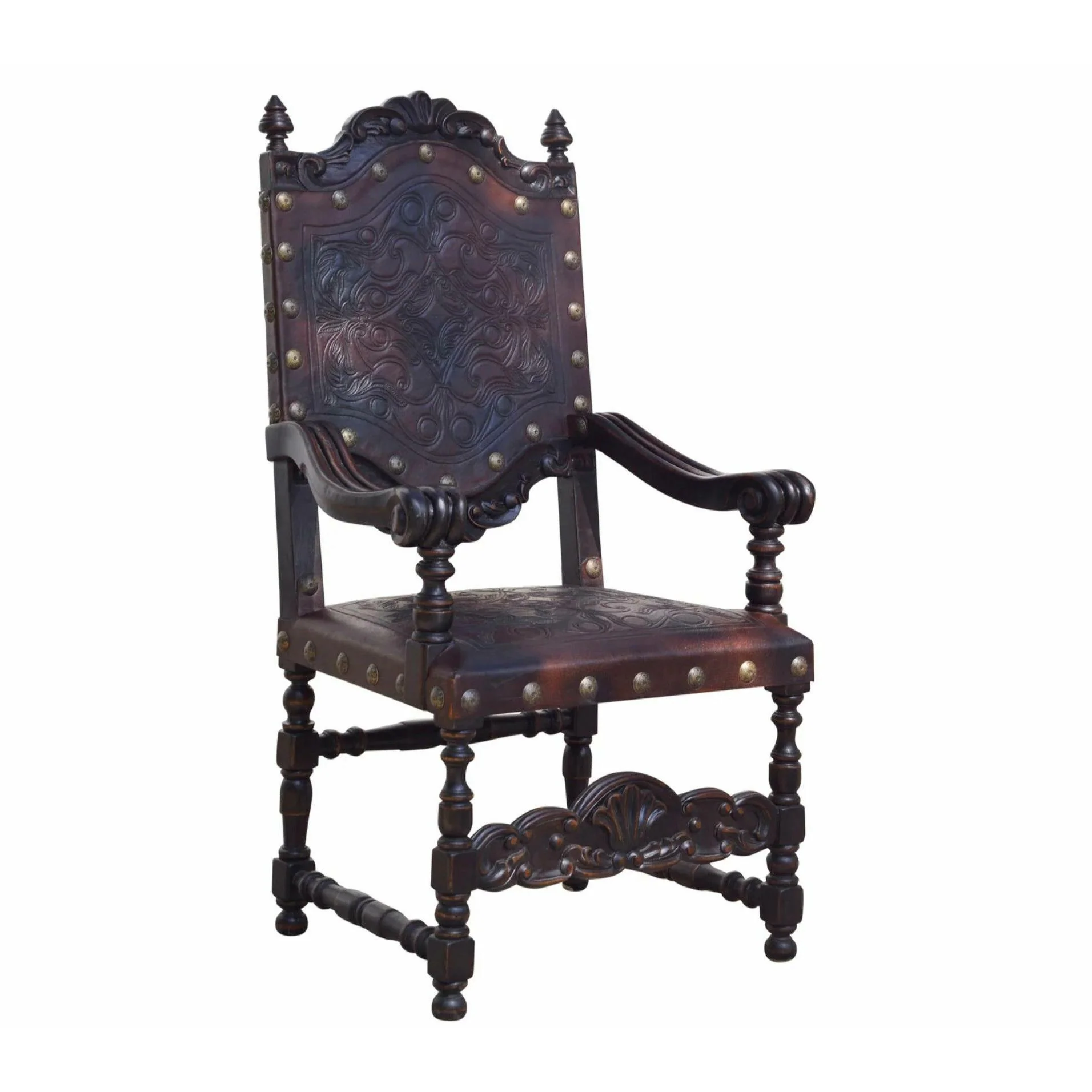 Casa Bonita Peruvian Hand-Painted Carved Wood Del Rey Hand Tooled Leather Large Dining Arm Chair