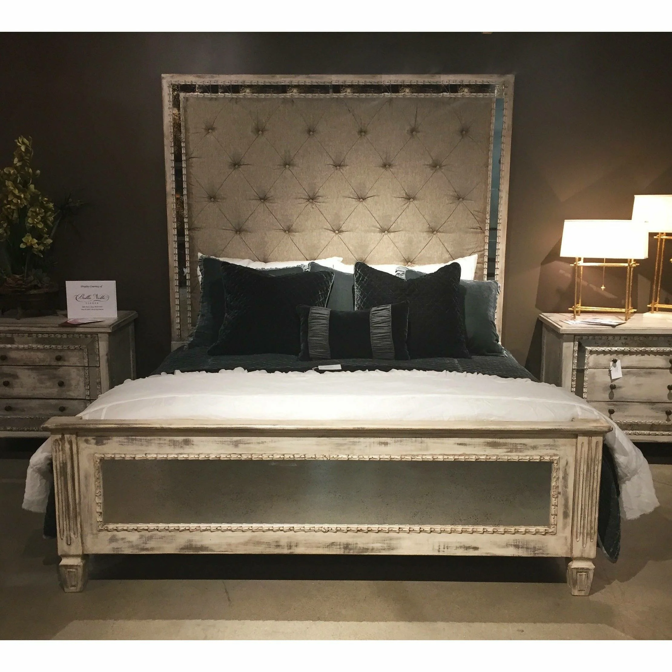 Casa Bonita Peruvian Hand-Painted Carved Wood Antiqued Mirror and Tufted Linen Madeleine King Size Bed - Image 2