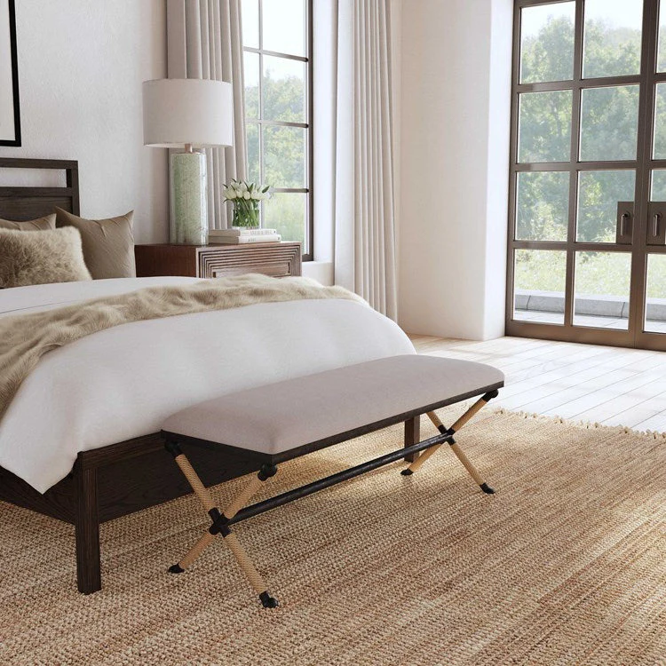 Uttermost Firth Oatmeal Fabric Cushion Seat Rustic Iron Bench - Image 3