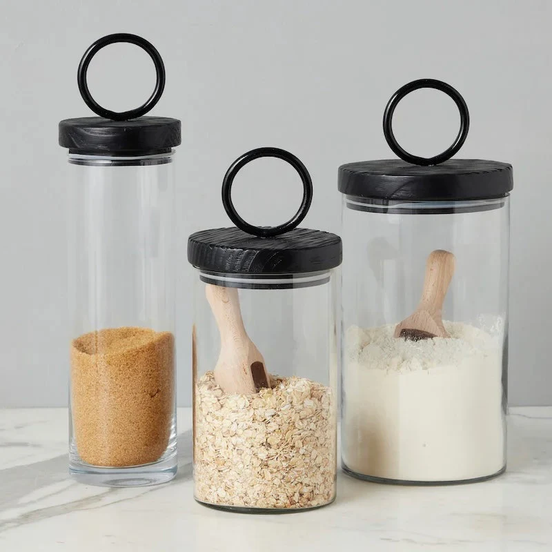 etúHOME Black Ring Top Set of 3 Glass Canisters ~ IN-STORE PURCHASE ONLY