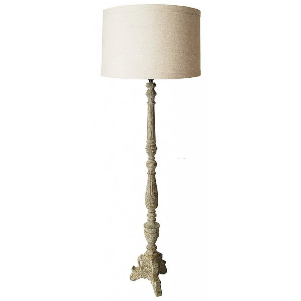 Provence Home Antiqued Cream Carved Wood Floor Lamp With Linen Shade