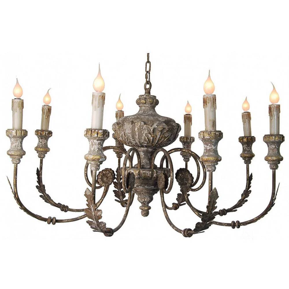 Provence Home Distressed Aged Taupe Carved Wood Antiqued Metal Chandelier