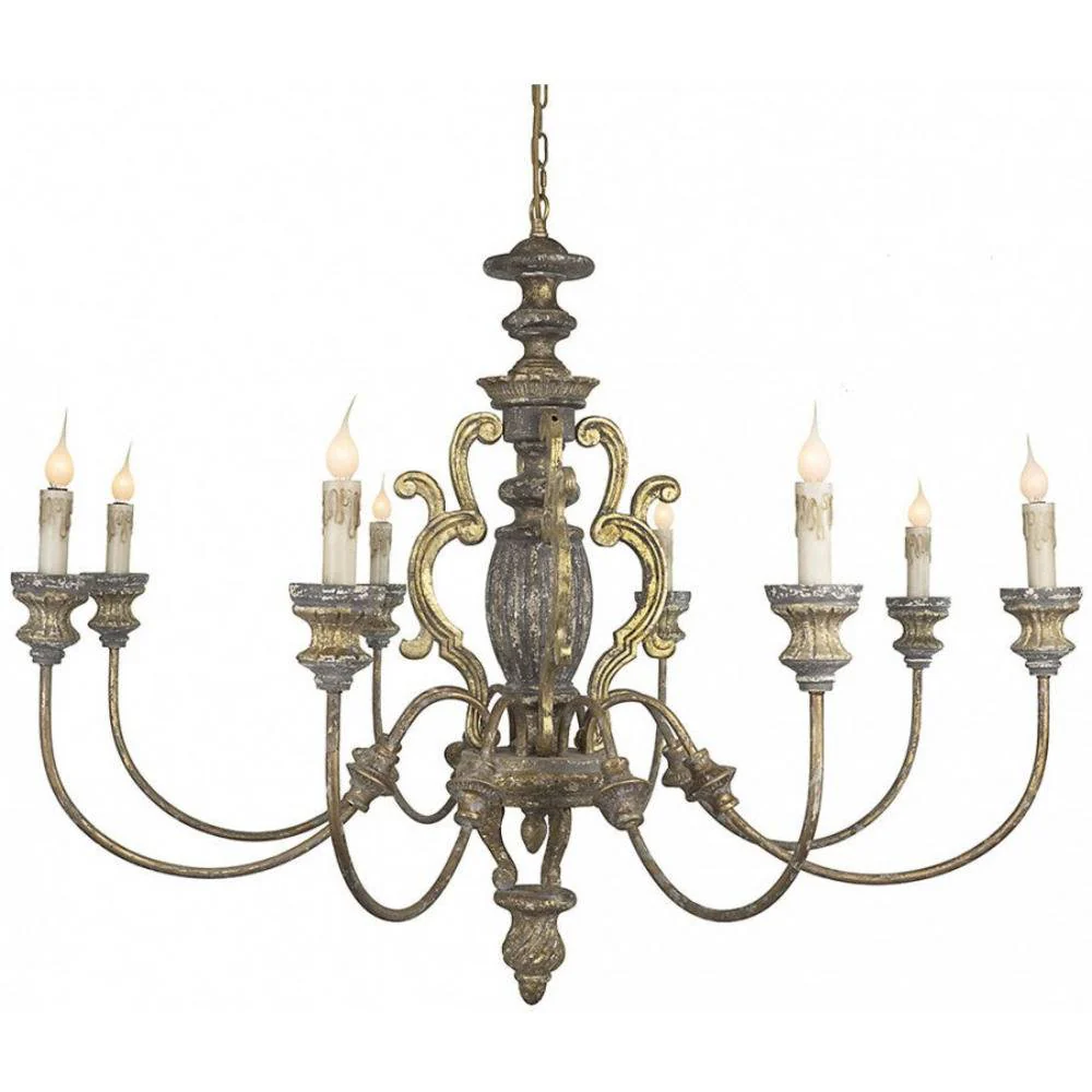 Provence Home Distressed Aged Gold Carved Wood Antiqued Metal 8 Arm Chandelier