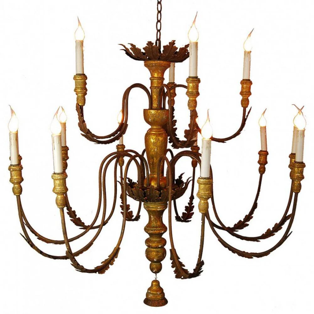Provence Home Distressed Aged Gold Carved Wood Antiqued Metal 12 Arm Chandelier
